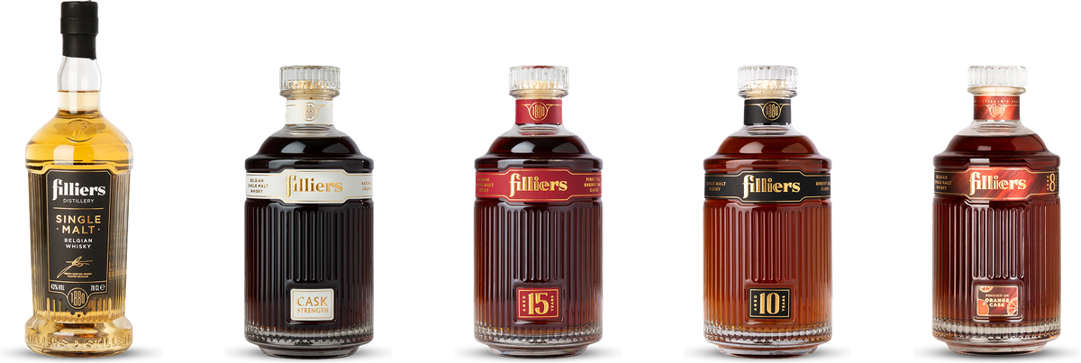 De single malt whisky's van Filliers naast elkaar